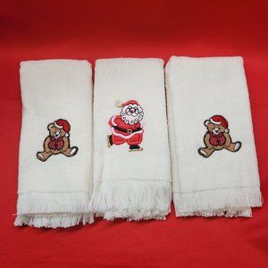 Christmas Hand Towels White Embroidered Set of 3